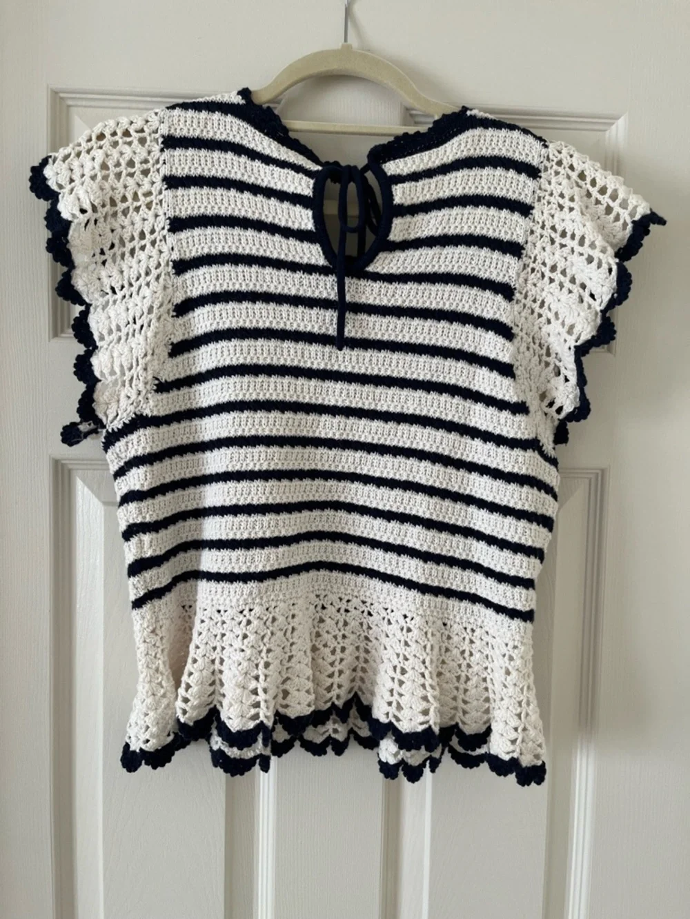 Rails Coen Striped Crochet Ruffle Sleeve Top in Anadia Stripe, Small, Navy Ivory - Picture 3 of 9